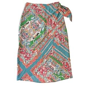 Anthropologie Maeve Women's Bette Blue Pink Floral Silk Wrap Skirt  12